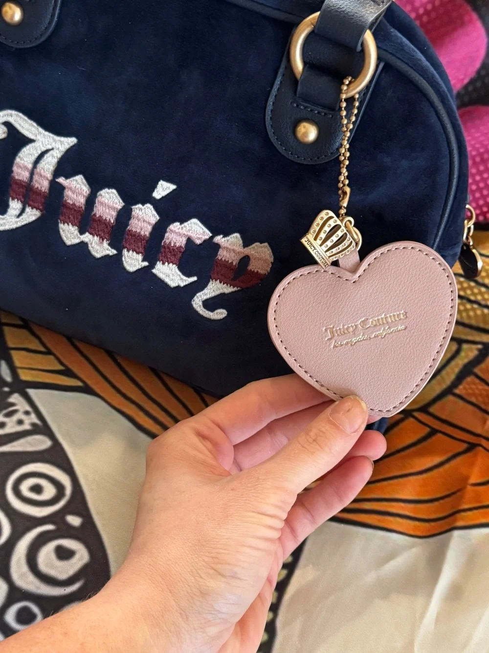 Juicy Couture Navy Suede Satchel with Pink Heart Charm